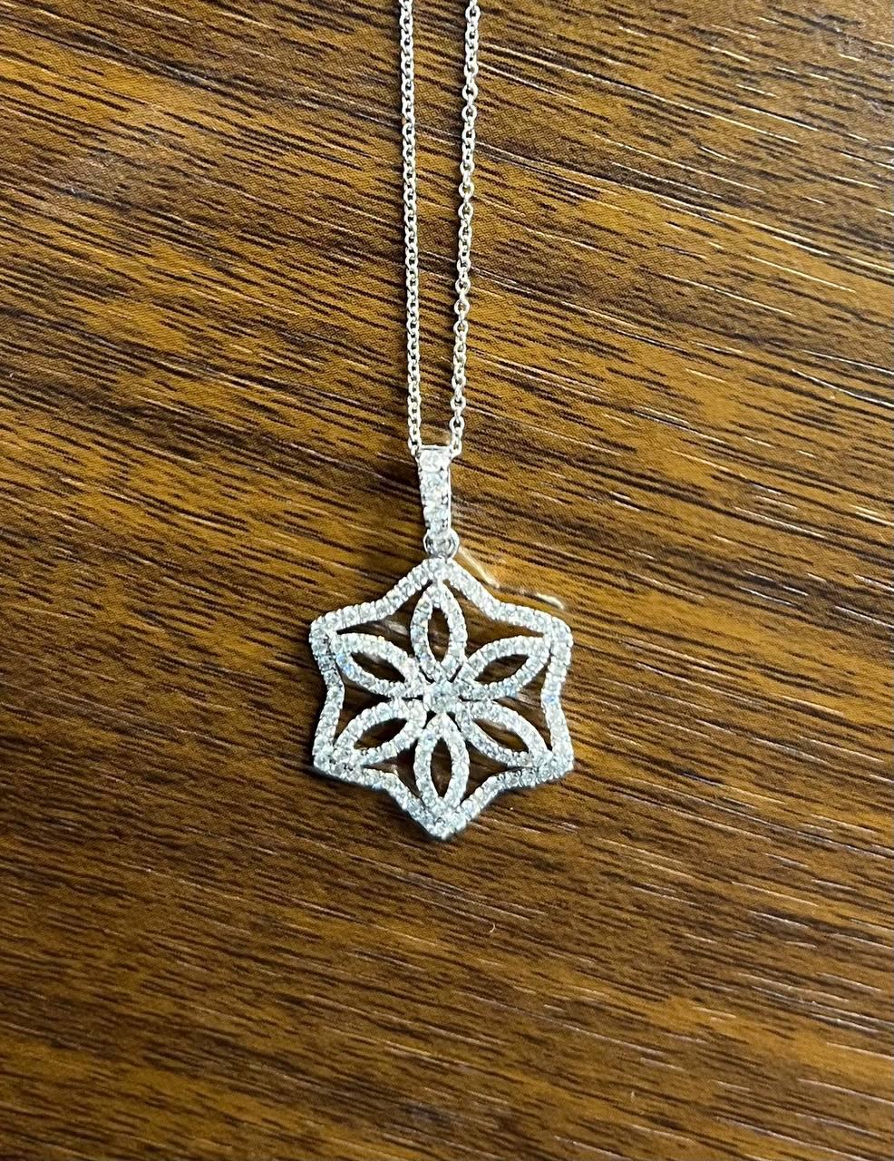 Diamond Halo Set Snowflake Symbol Motif 18K White Gold Pendant Chain Necklace