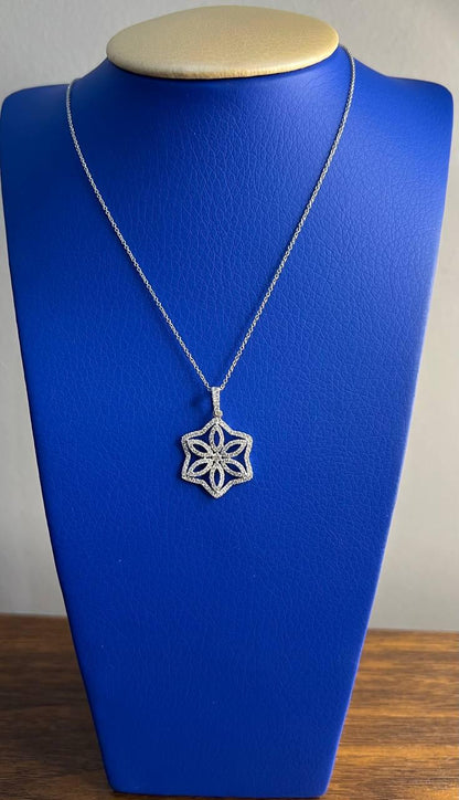Diamond Halo Set Snowflake Symbol Motif 18K White Gold Pendant Chain Necklace