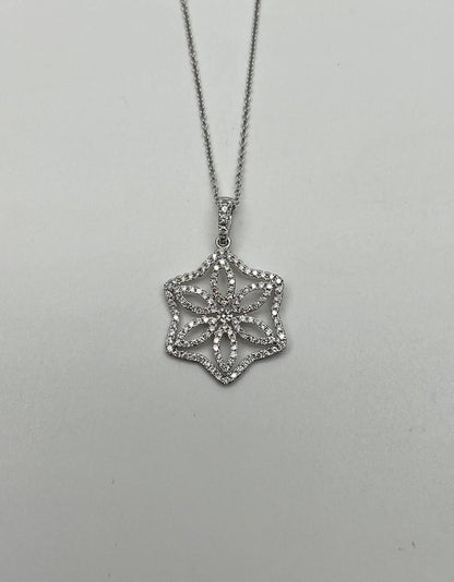 Diamond Halo Set Snowflake Symbol Motif 18K White Gold Pendant Chain Necklace