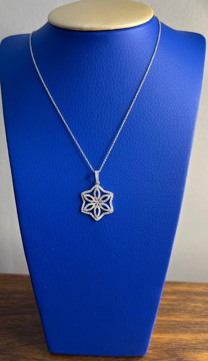Diamond Halo Set Snowflake Symbol Motif 18K White Gold Pendant Chain Necklace