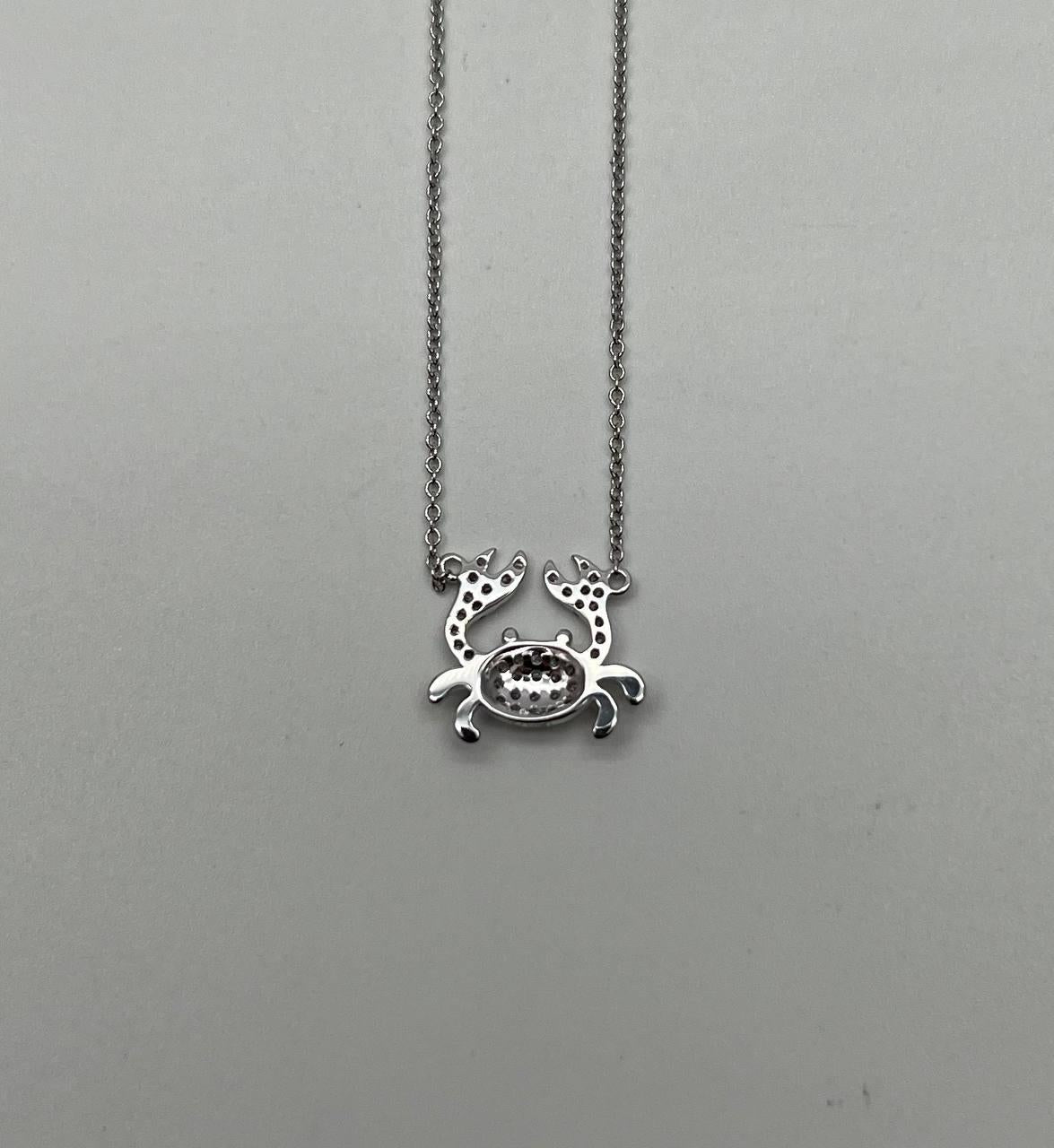 Crab Symbol Motif Diamond Halo Set 18K White Gold Chain Animal Pendant Necklace