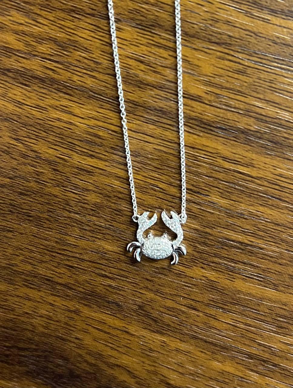 Crab Symbol Motif Diamond Halo Set 18K White Gold Chain Animal Pendant Necklace