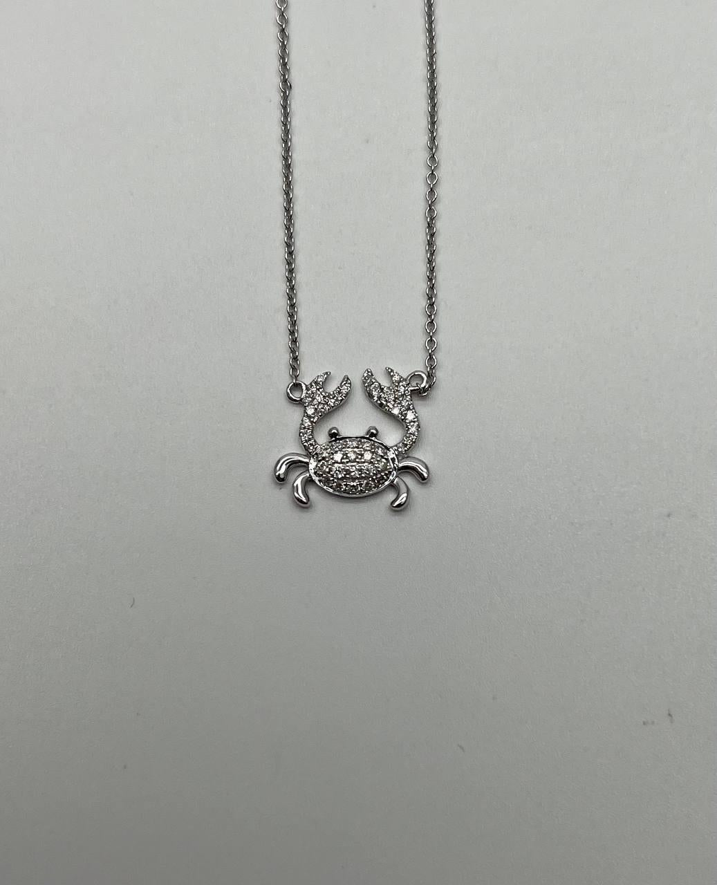Crab Symbol Motif Diamond Halo Set 18K White Gold Chain Animal Pendant Necklace