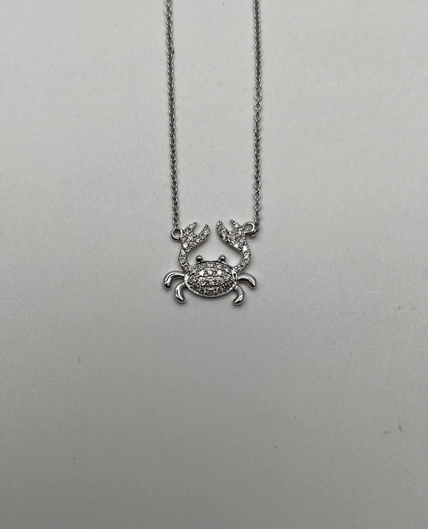 Crab Symbol Motif Diamond Halo Set 18K White Gold Chain Animal Pendant Necklace