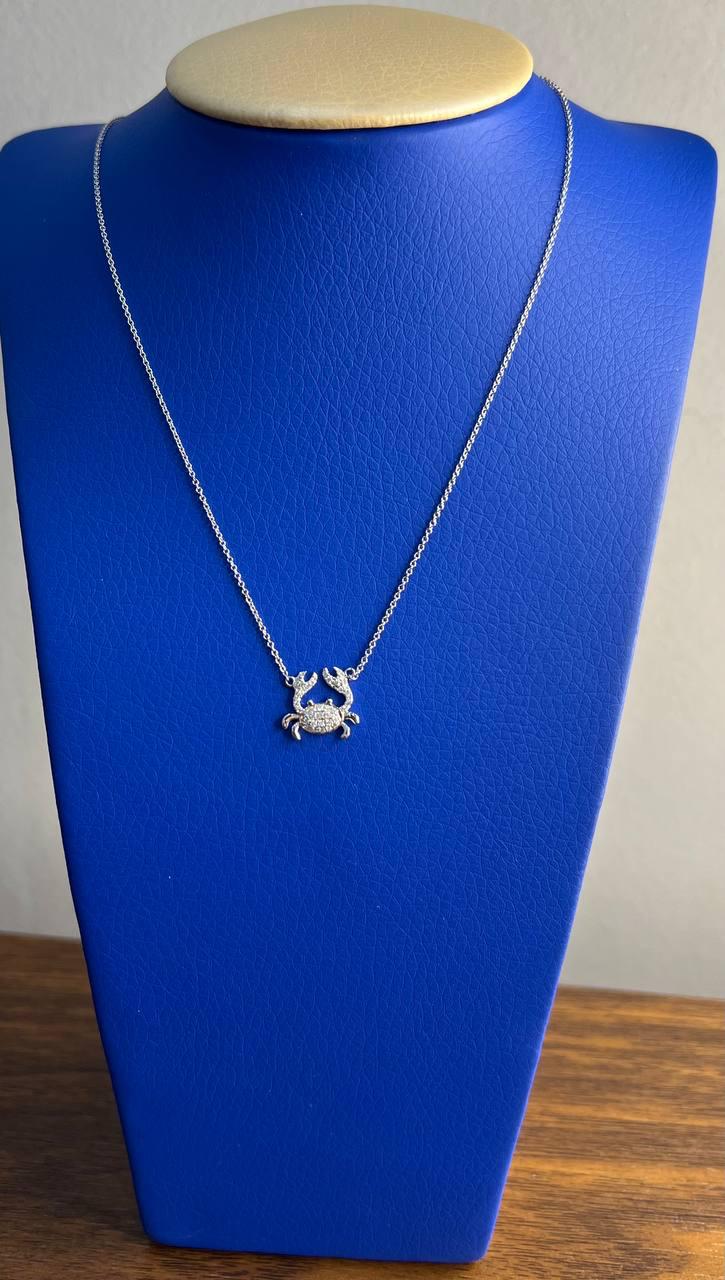 Crab Symbol Motif Diamond Halo Set 18K White Gold Chain Animal Pendant Necklace
