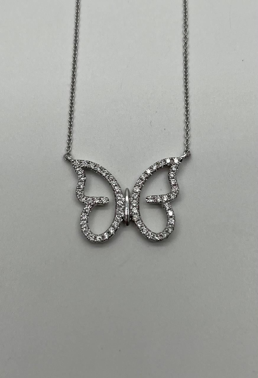 Butterfly Set Diamonds Halo Motif 18K Karat White Gold Pendant Chain Necklace
