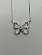 Butterfly Set Diamonds Halo Motif 18K Karat White Gold Pendant Chain Necklace