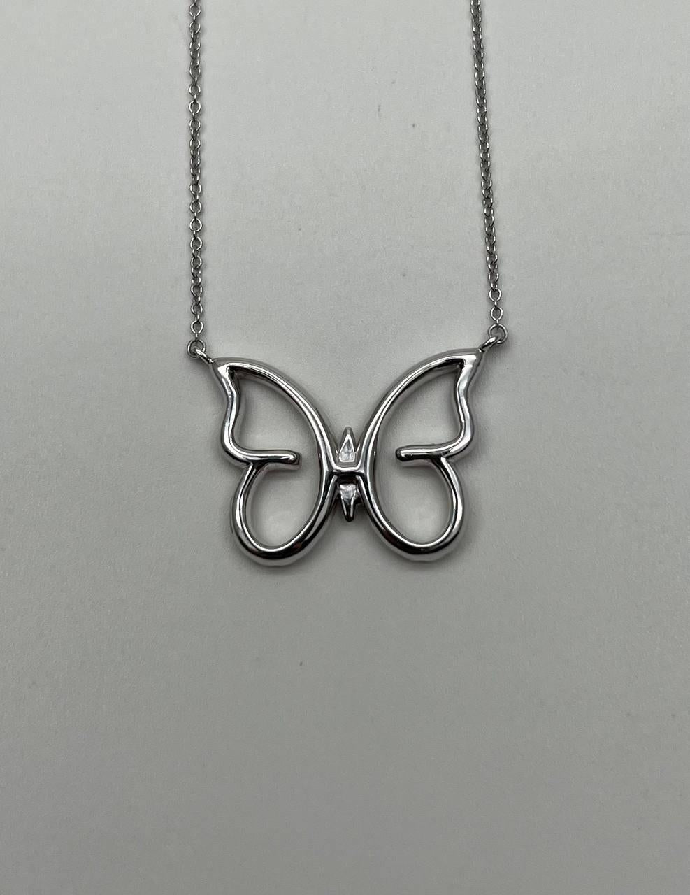 Butterfly Set Diamonds Halo Motif 18K Karat White Gold Pendant Chain Necklace