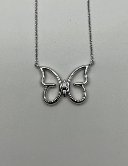 Butterfly Set Diamonds Halo Motif 18K Karat White Gold Pendant Chain Necklace