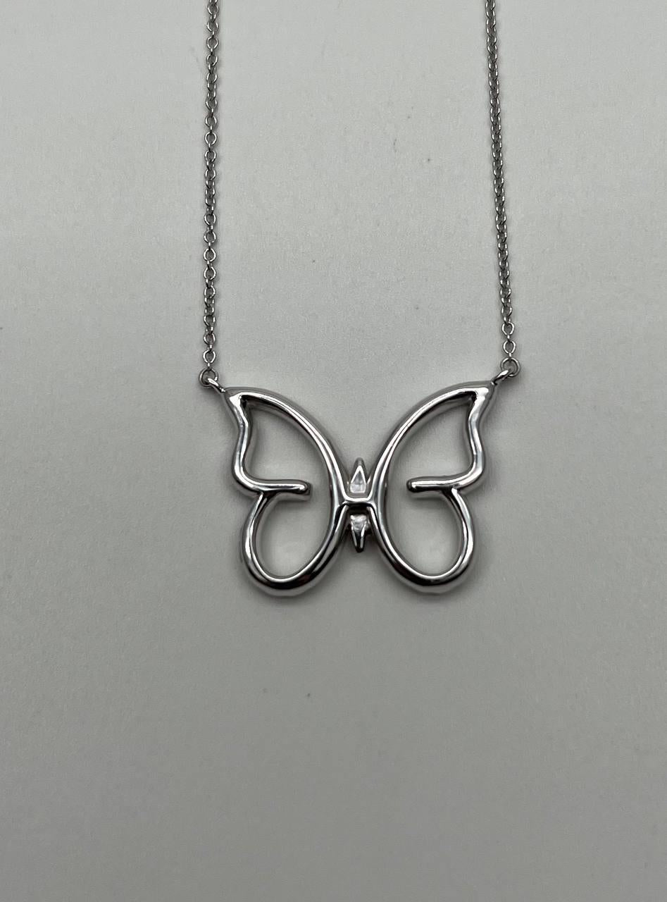 Butterfly Set Diamonds Halo Motif 18K Karat White Gold Pendant Chain Necklace