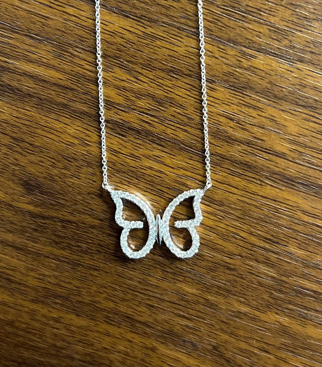 Butterfly Set Diamonds Halo Motif 18K Karat White Gold Pendant Chain Necklace