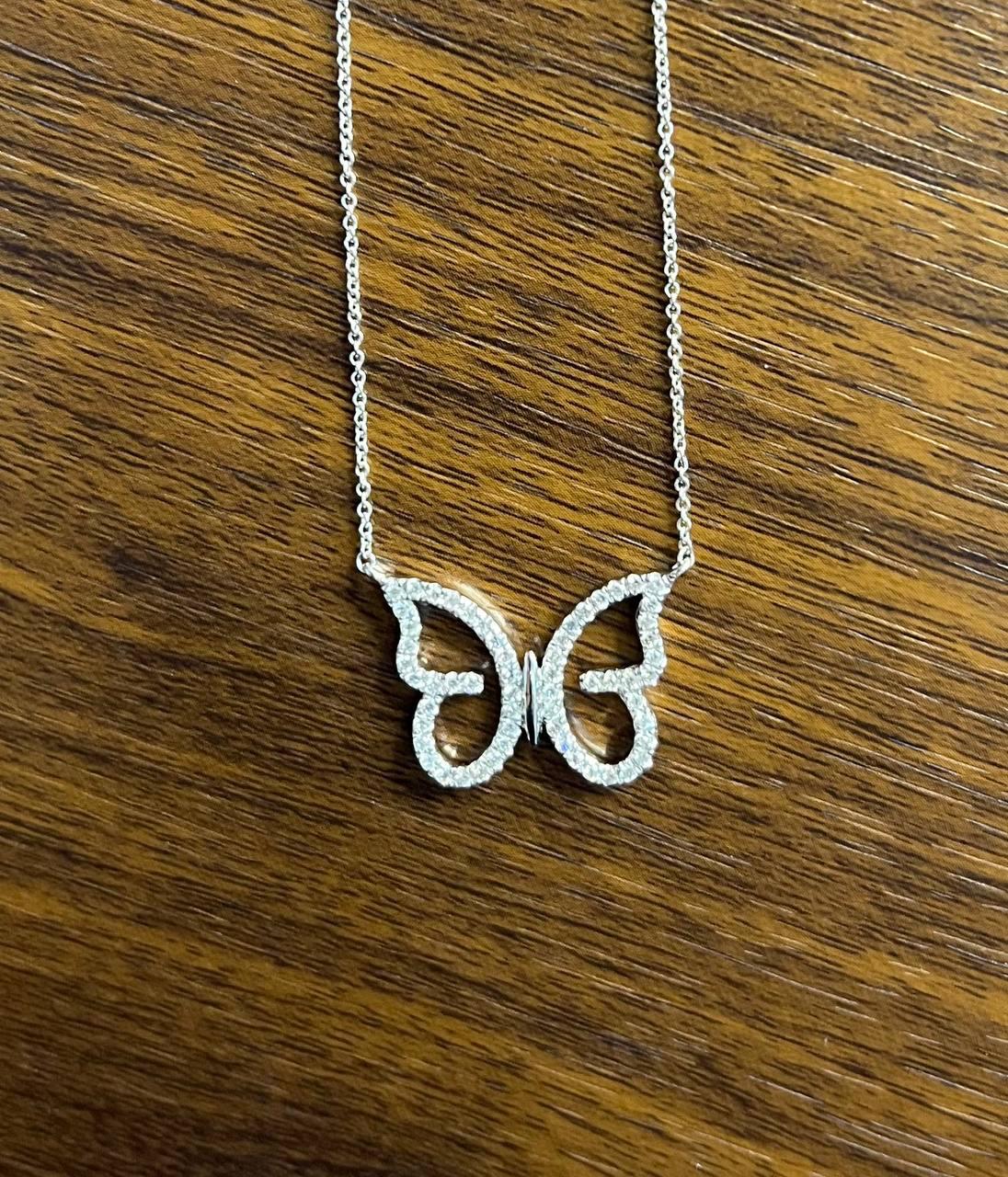 Butterfly Set Diamonds Halo Motif 18K Karat White Gold Pendant Chain Necklace
