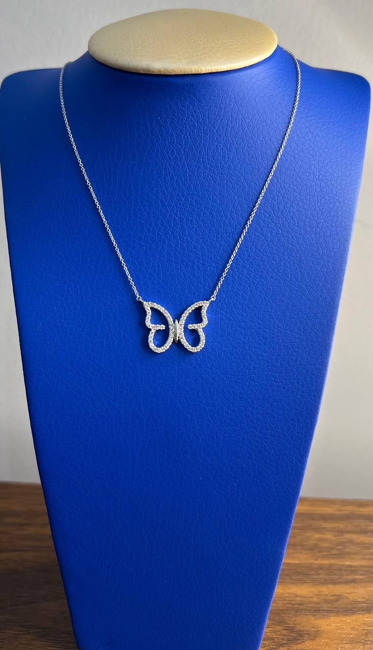 Butterfly Set Diamonds Halo Motif 18K Karat White Gold Pendant Chain Necklace