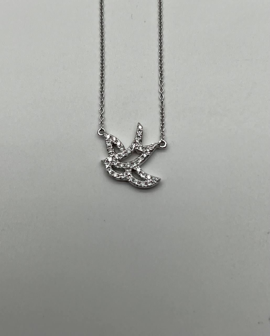 Dove Bird Hope Symbol Diamond Halo Set 18K White Gold Chain Pendant Necklace