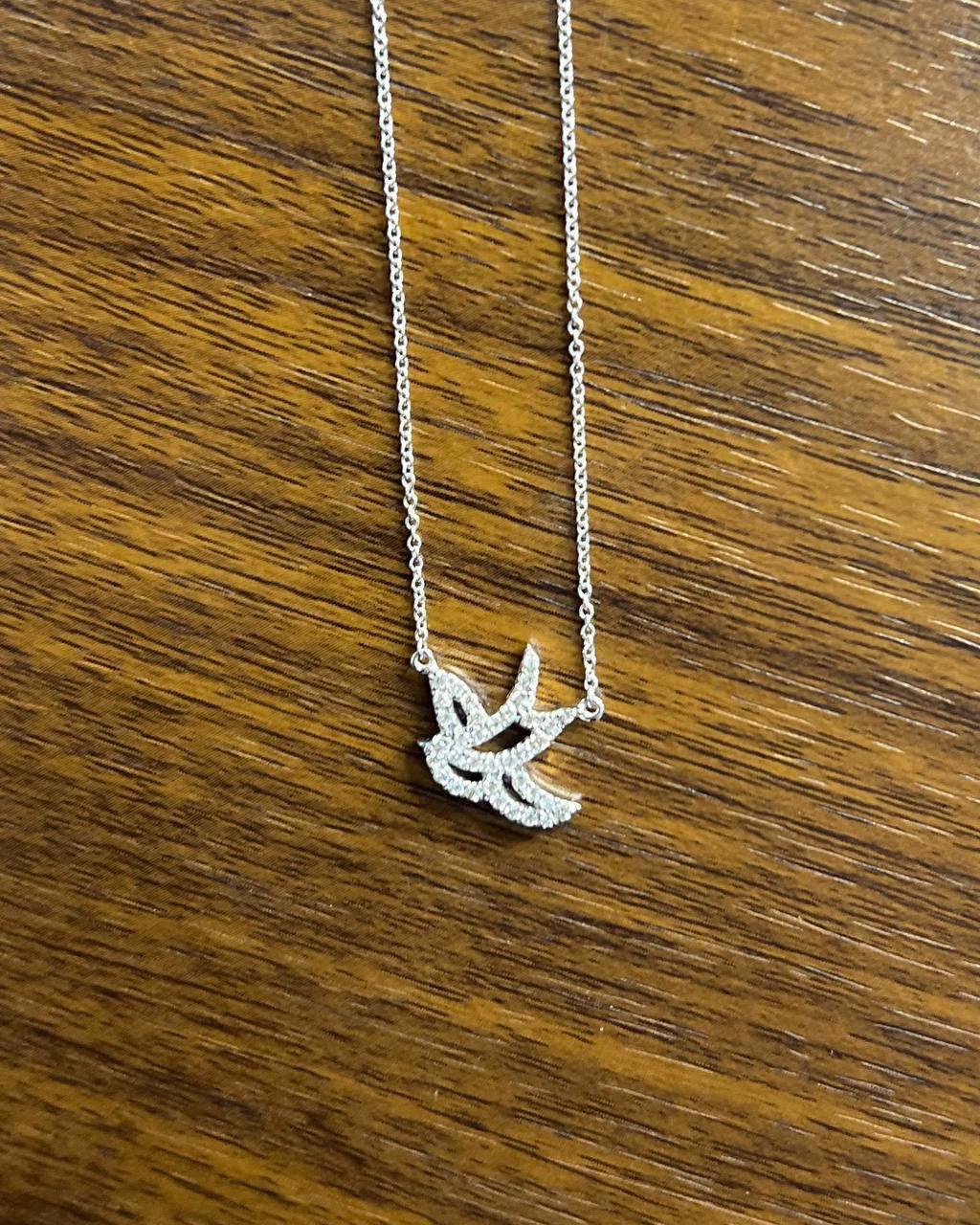 Dove Bird Hope Symbol Diamond Halo Set 18K White Gold Chain Pendant Necklace