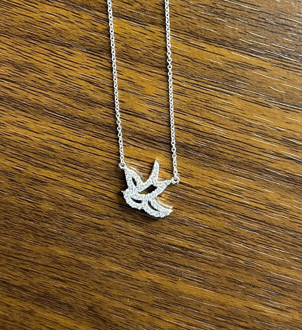 Dove Bird Hope Symbol Diamond Halo Set 18K White Gold Chain Pendant Necklace