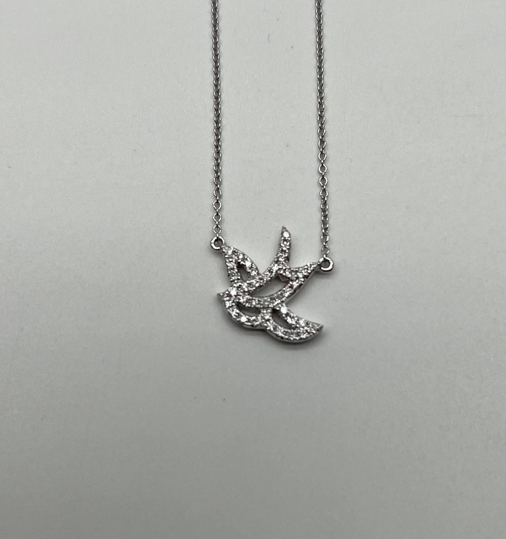 Dove Bird Hope Symbol Diamond Halo Set 18K White Gold Chain Pendant Necklace