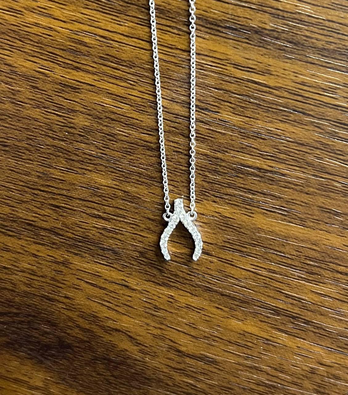 Diamond Wishbone Symbol Motif 18K White Gold Pendant Chain Necklace