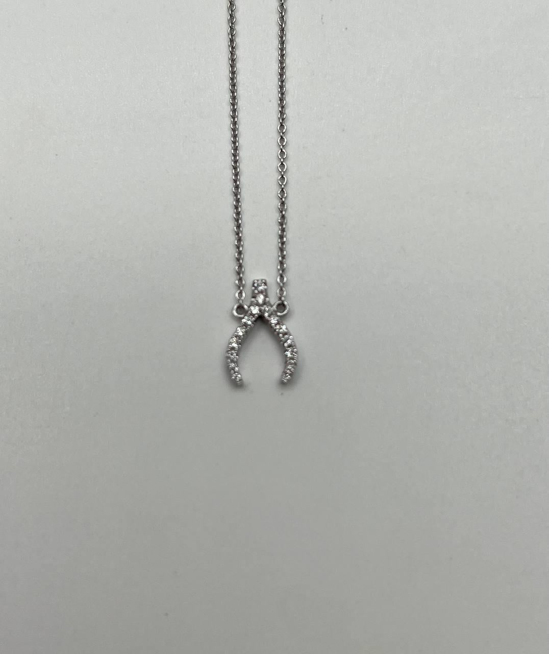 Diamond Wishbone Symbol Motif 18K White Gold Pendant Chain Necklace