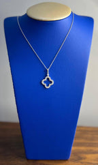 Quatrefoil Lucky Alhambra Clover Diamonds Halo Motif White Gold Pendant Necklace