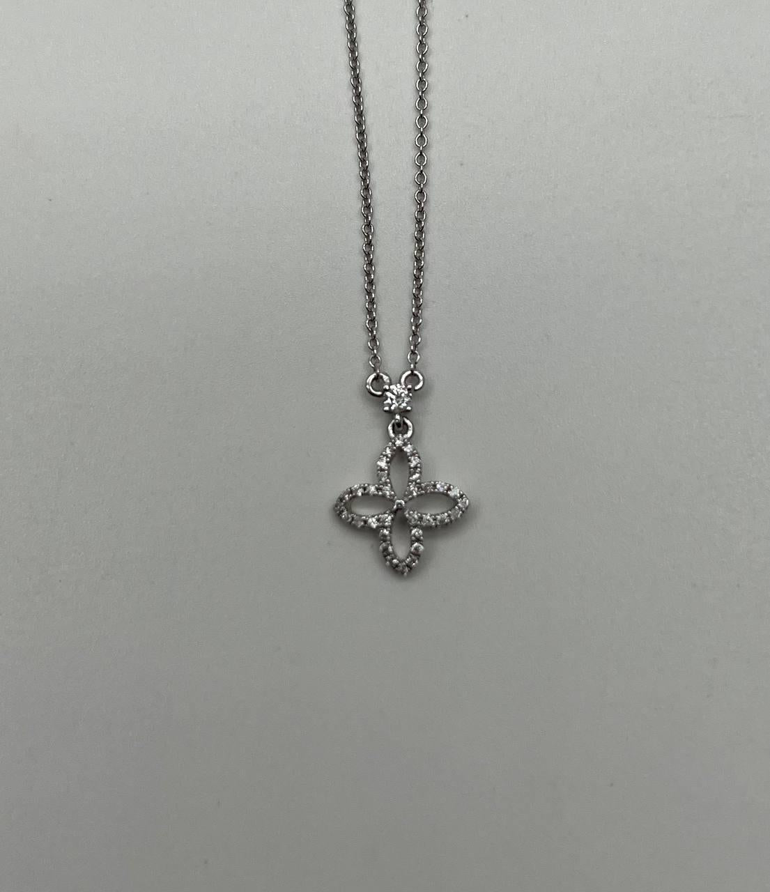 Clover Pave Set Diamonds Halo Motif 14K Karat White Gold Pendant Chain Necklace