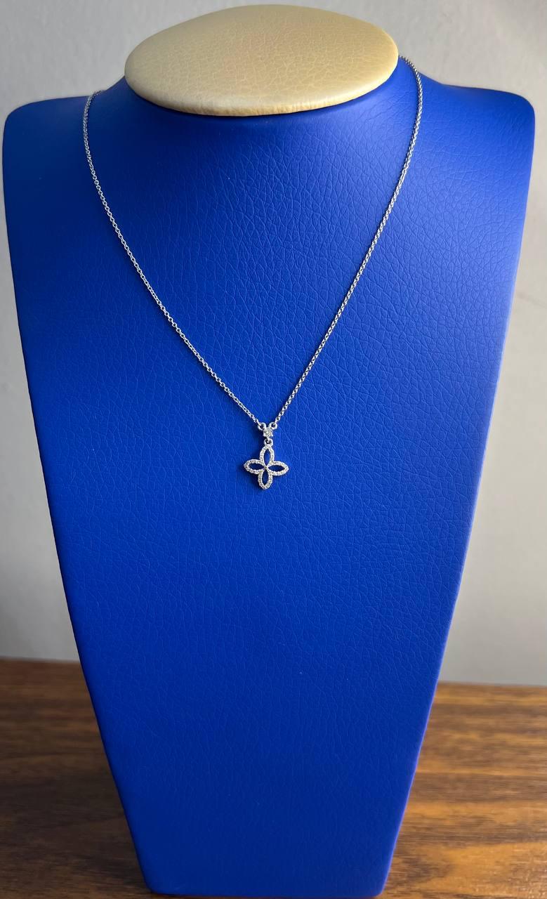 Clover Pave Set Diamonds Halo Motif 14K Karat White Gold Pendant Chain Necklace