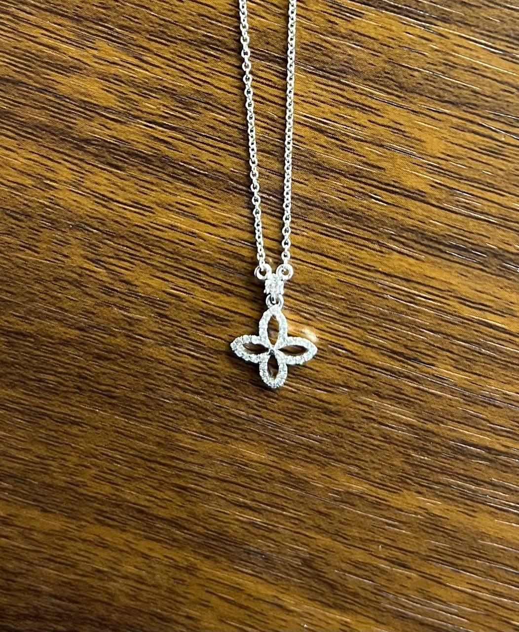 Clover Pave Set Diamonds Halo Motif 14K Karat White Gold Pendant Chain Necklace