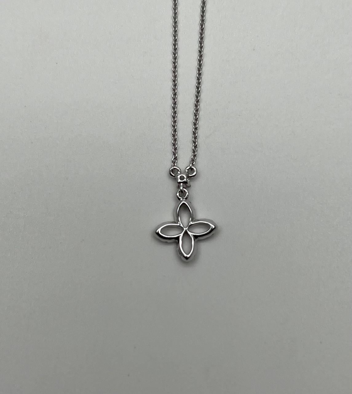 Clover Pave Set Diamonds Halo Motif 14K Karat White Gold Pendant Chain Necklace