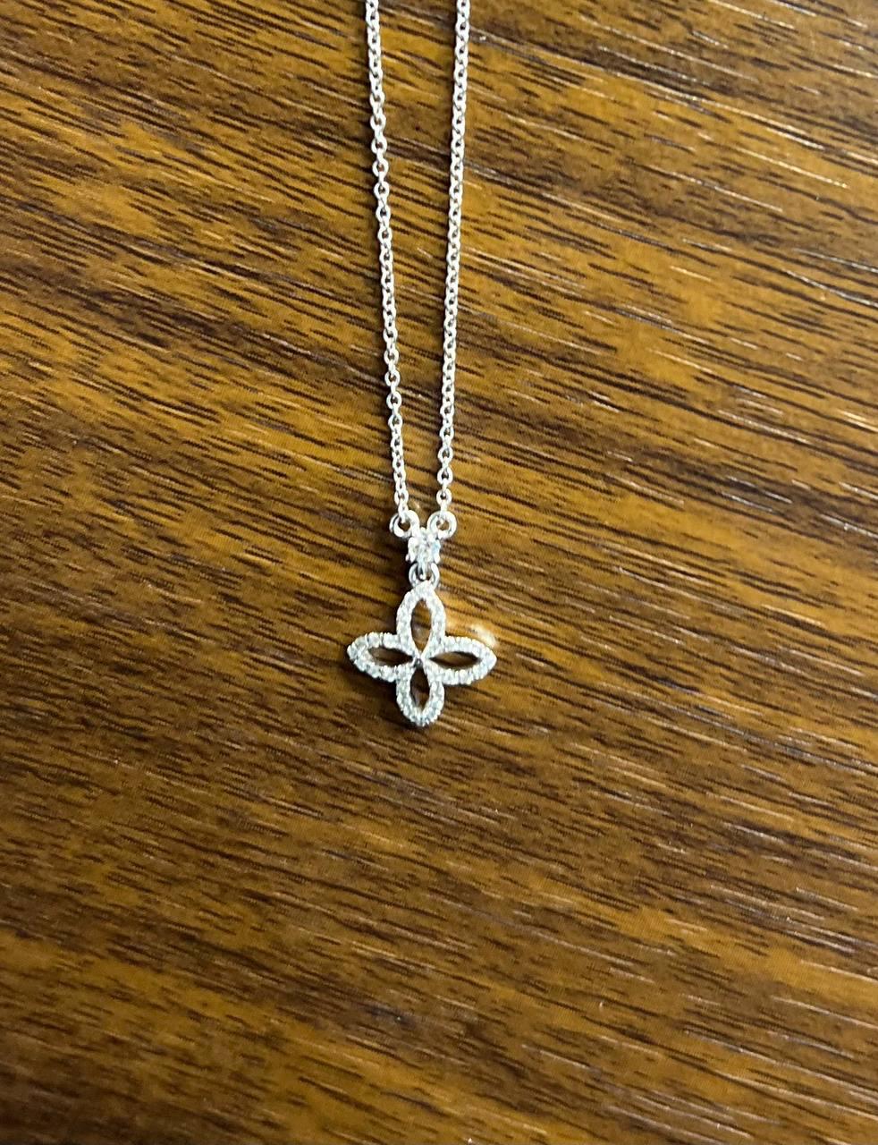 Clover Pave Set Diamonds Halo Motif 14K Karat White Gold Pendant Chain Necklace