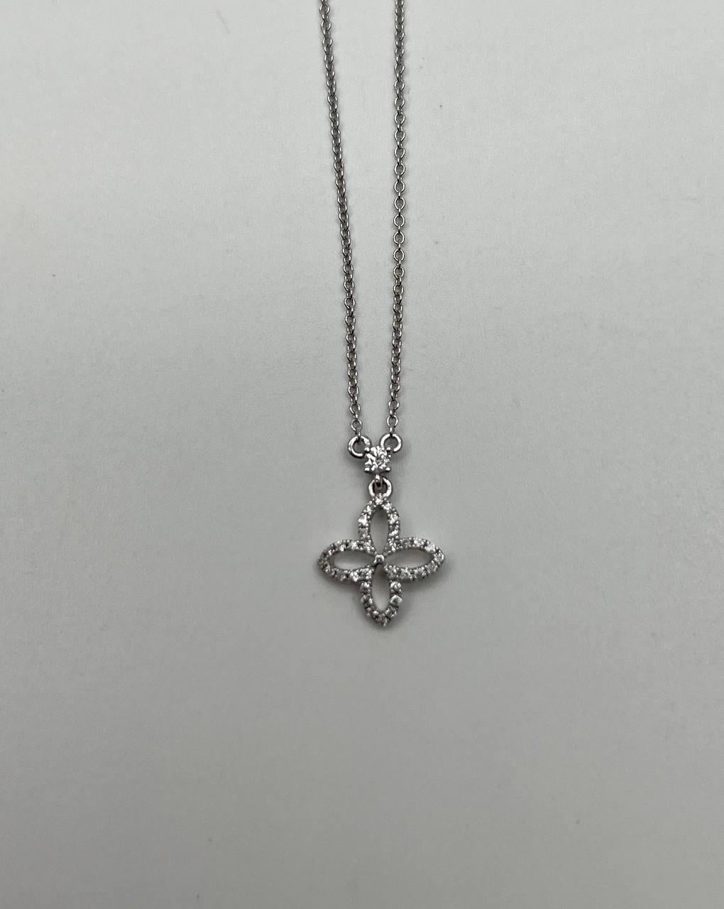 Clover Pave Set Diamonds Halo Motif 14K Karat White Gold Pendant Chain Necklace