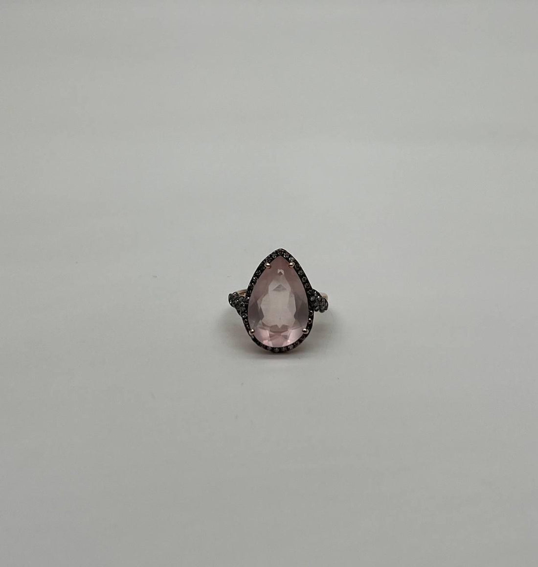 Pear Teardrop Shape Faceted Pink Rose Quartz Diamond Halo 14K Rose Gold Ring