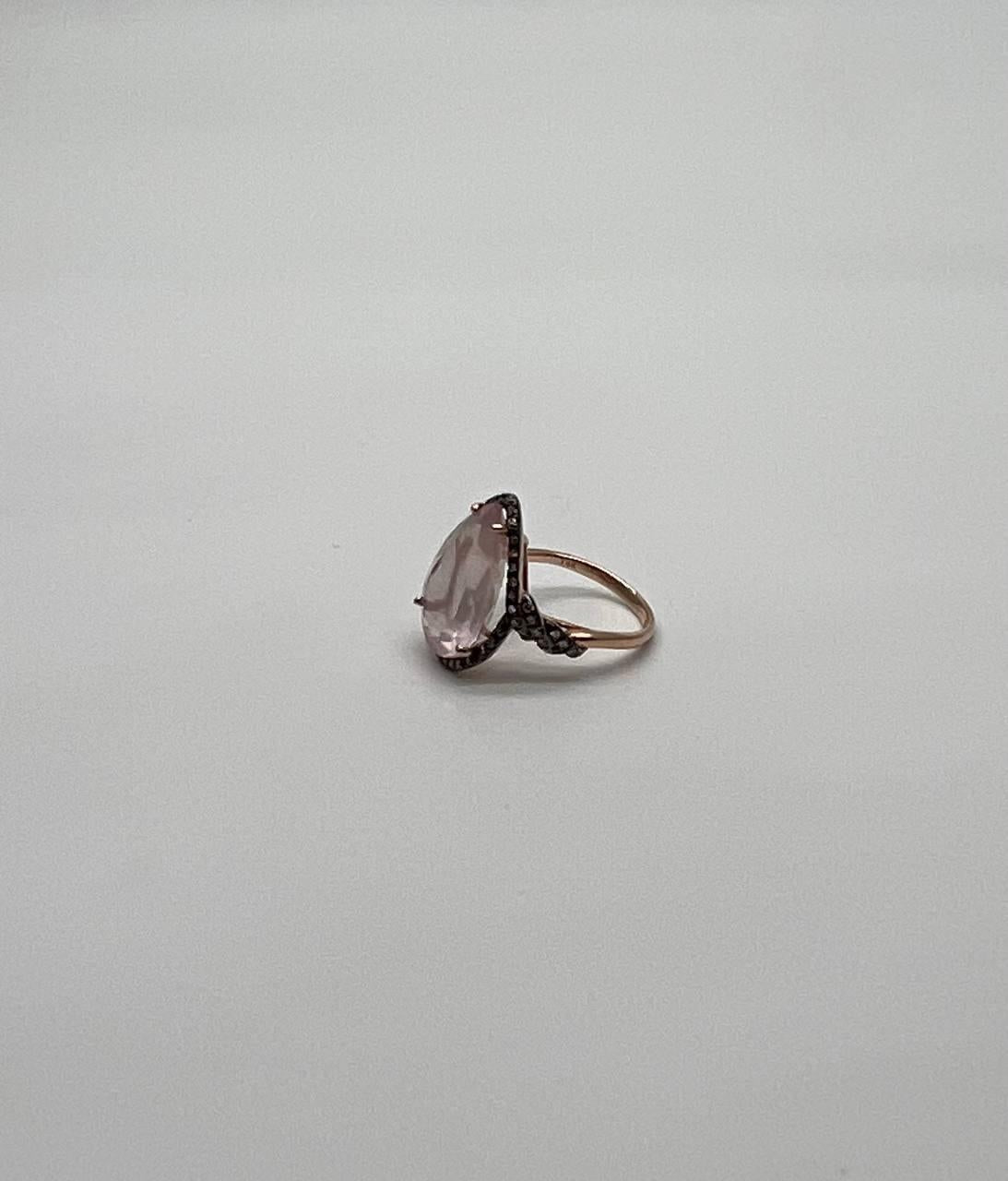 Pear Teardrop Shape Faceted Pink Rose Quartz Diamond Halo 14K Rose Gold Ring