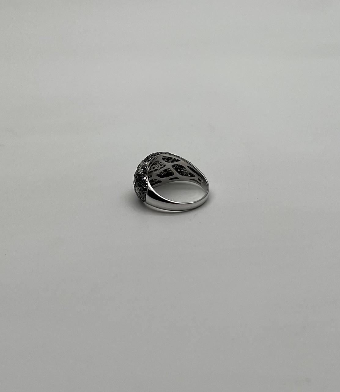 Black White Diamonds Pave Set 14K White Gold Statement Cocktail Unique Ring