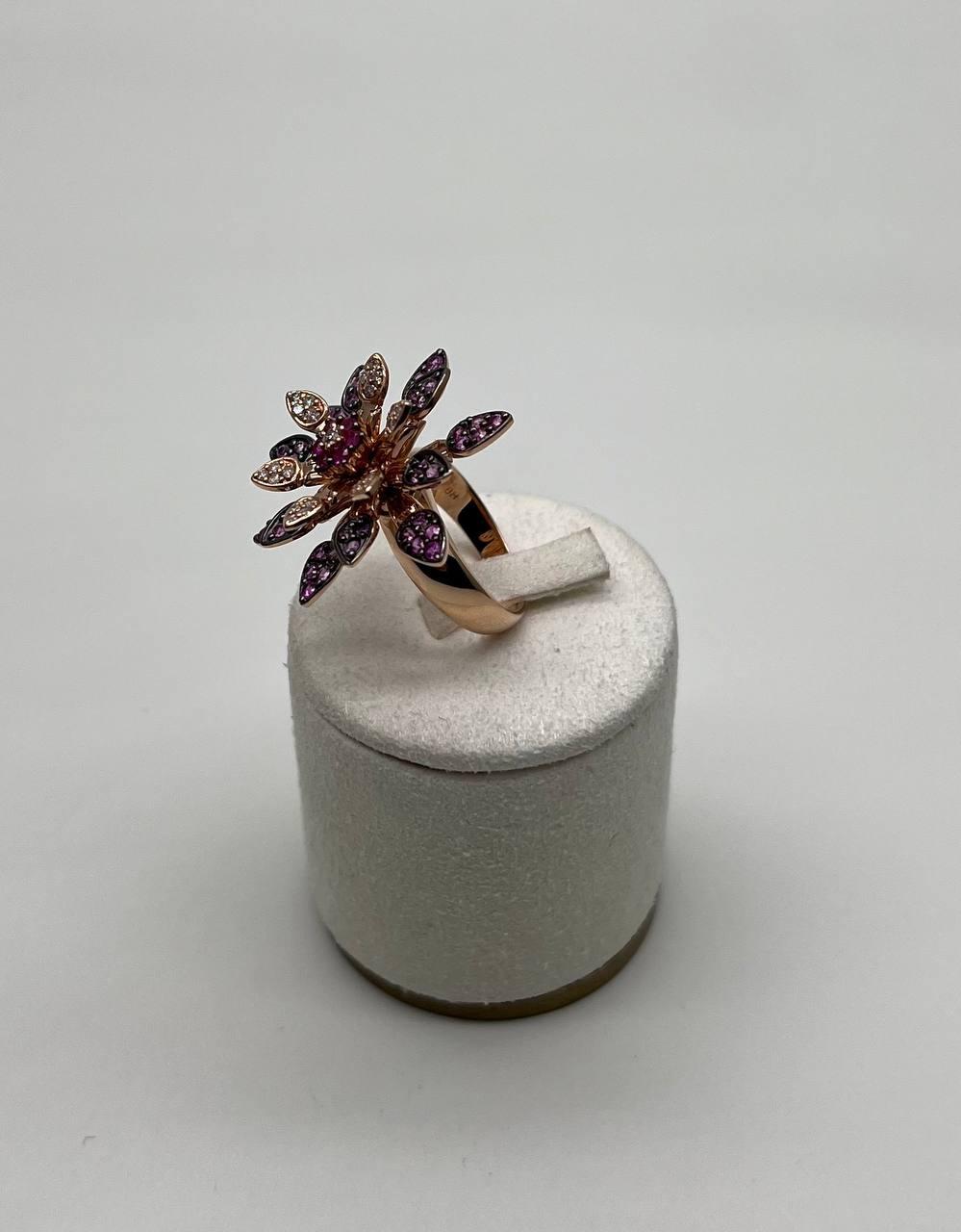 Red Pink Rubies Pave Set Diamonds Rose Gold Floral Flower Lotus Cocktail Ring