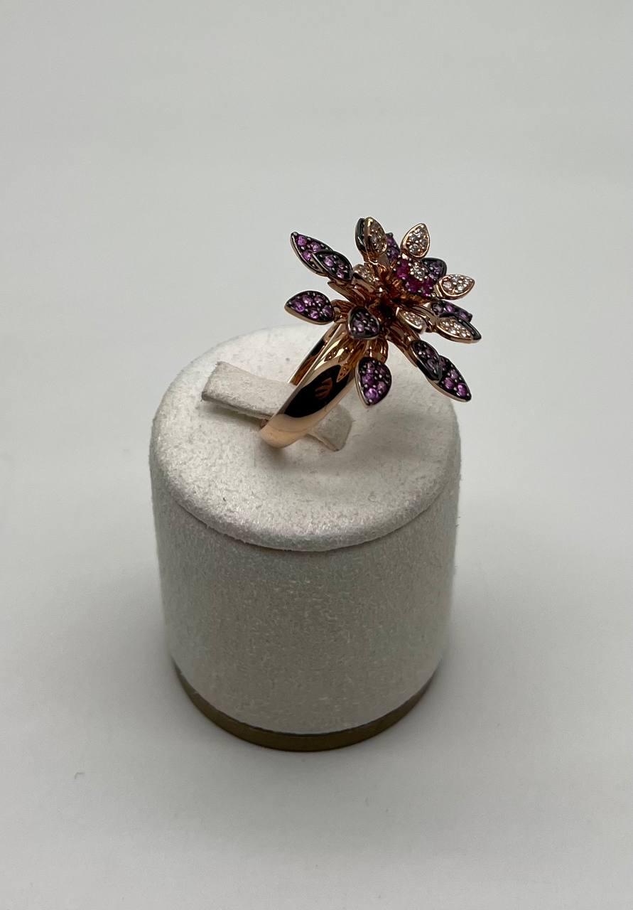 Red Pink Rubies Pave Set Diamonds Rose Gold Floral Flower Lotus Cocktail Ring