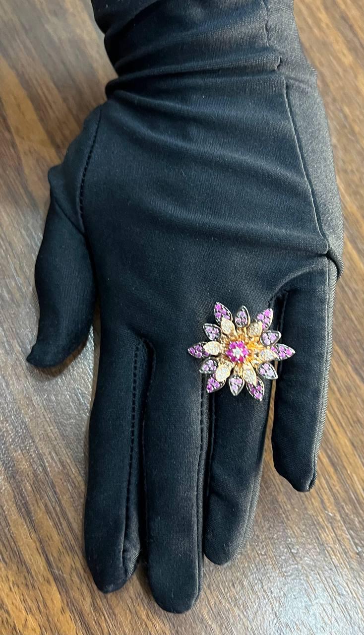 Red Pink Rubies Pave Set Diamonds Rose Gold Floral Flower Lotus Cocktail Ring