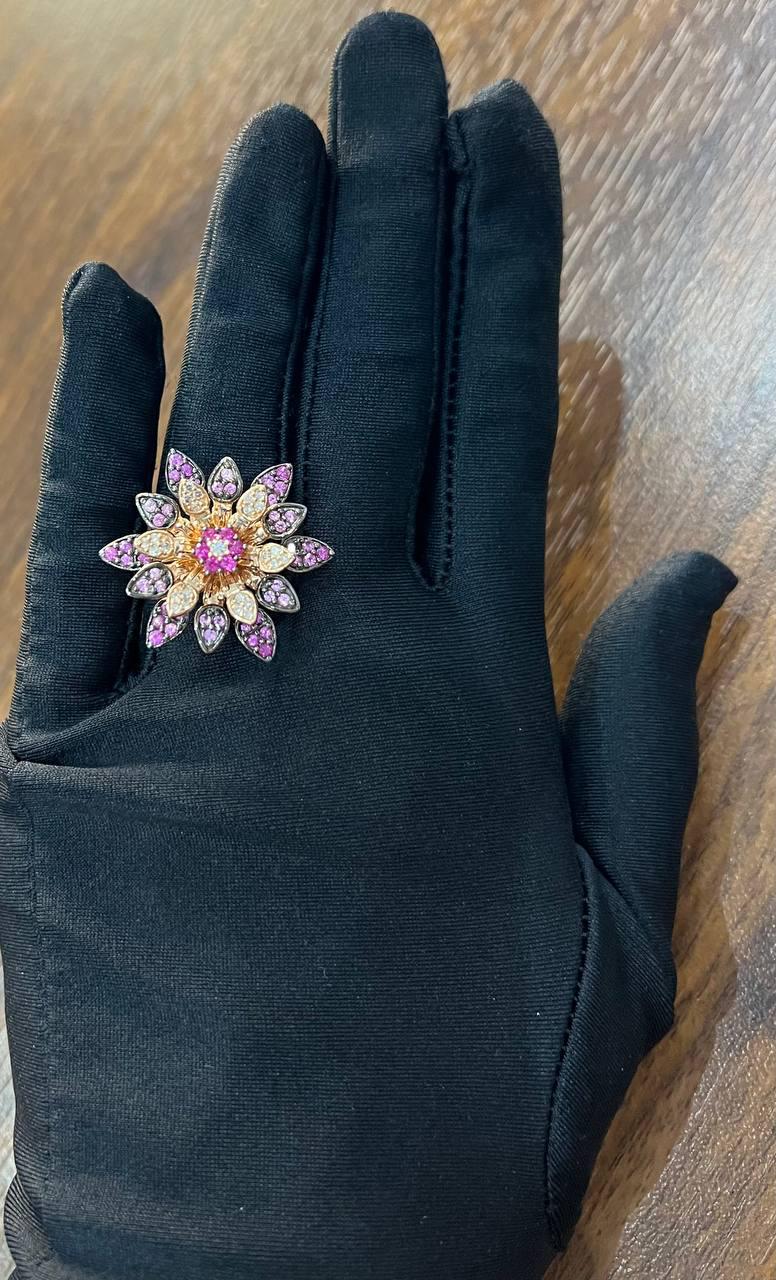 Red Pink Rubies Pave Set Diamonds Rose Gold Floral Flower Lotus Cocktail Ring