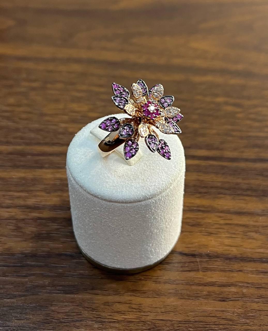 Red Pink Rubies Pave Set Diamonds Rose Gold Floral Flower Lotus Cocktail Ring