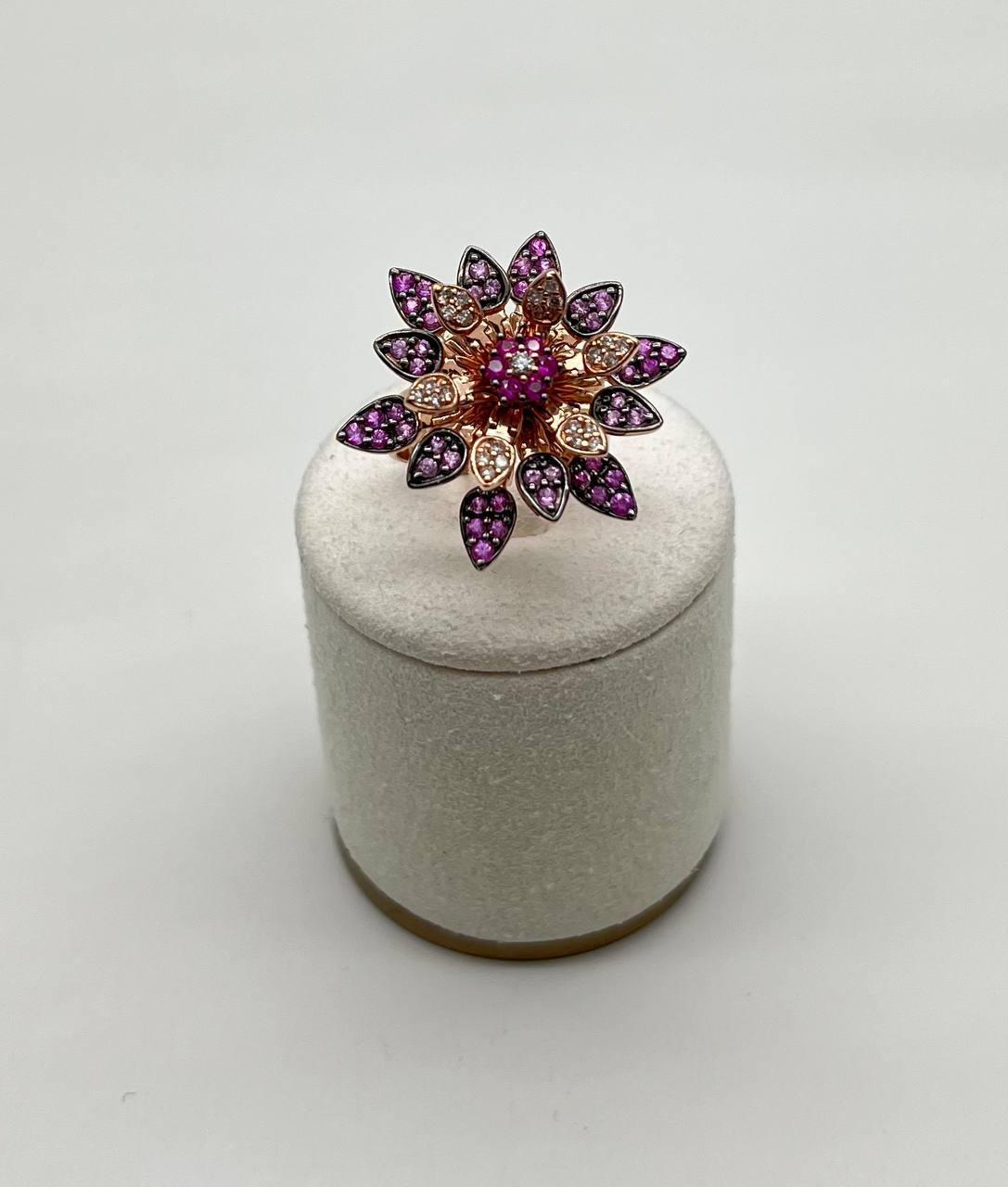 Red Pink Rubies Pave Set Diamonds Rose Gold Floral Flower Lotus Cocktail Ring