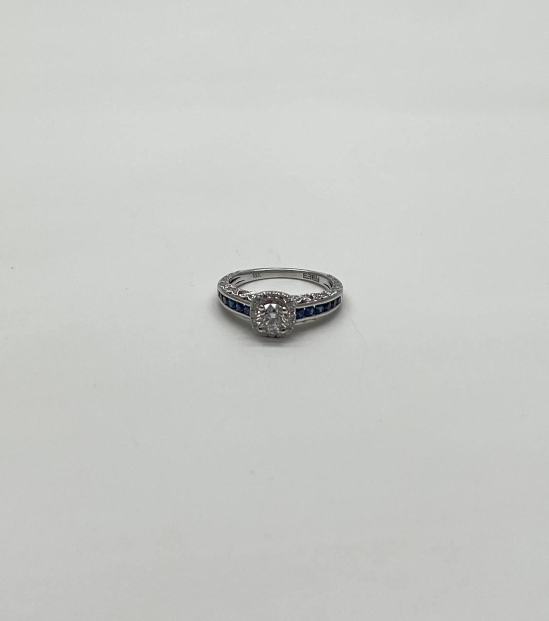 Round Shape Brilliant Cut Diamond Blue Sapphire Channel Set 18K White Gold Ring