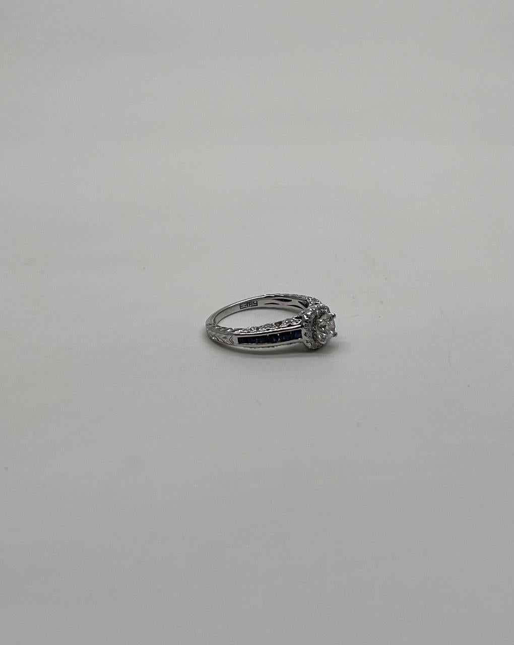 Round Shape Brilliant Cut Diamond Blue Sapphire Channel Set 18K White Gold Ring