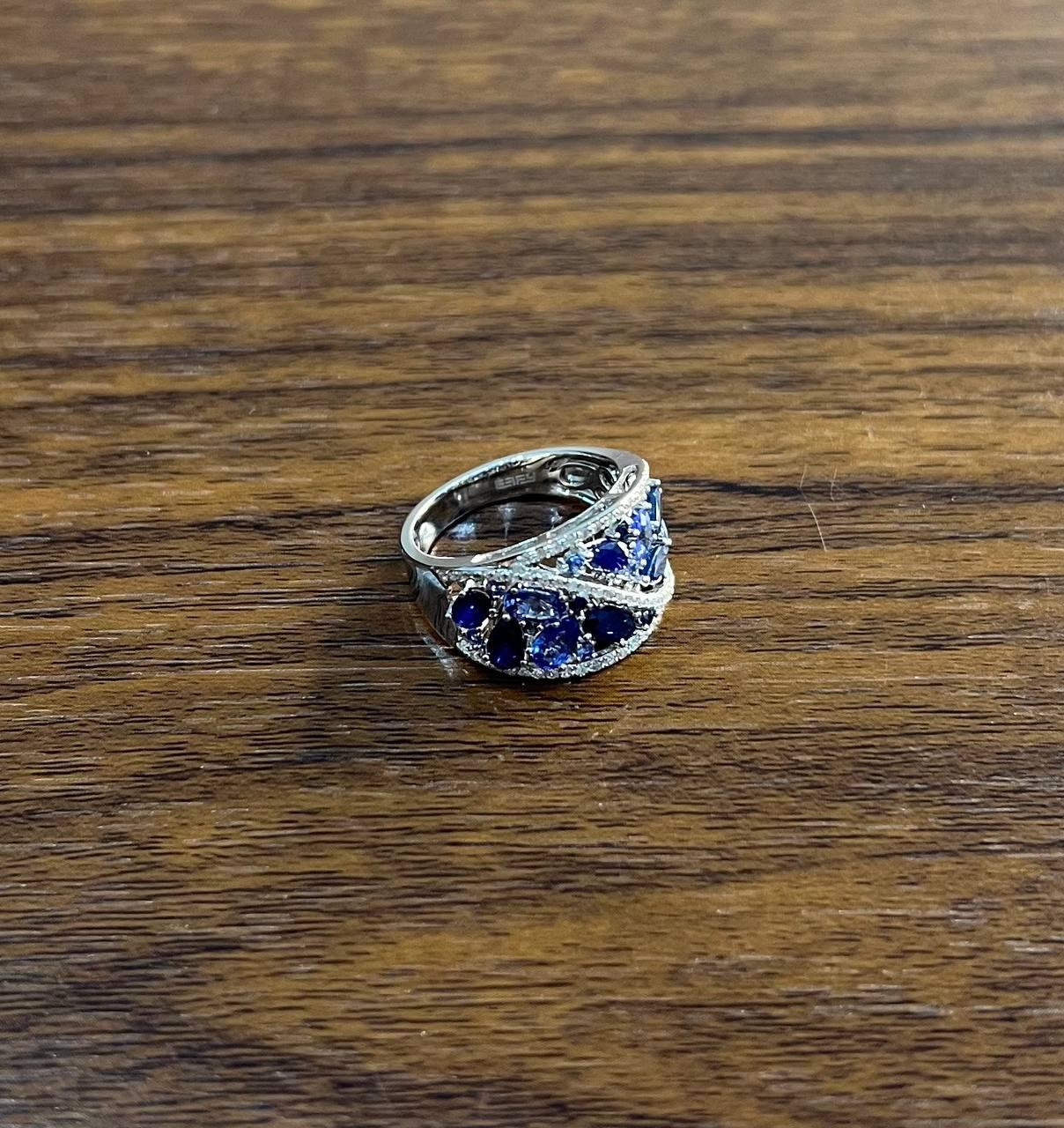 Dark Light Hue Blue Sapphire Cluster Diamond Pave 14K White Gold Band Ring