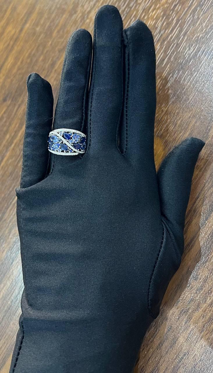 Dark Light Hue Blue Sapphire Cluster Diamond Pave 14K White Gold Band Ring