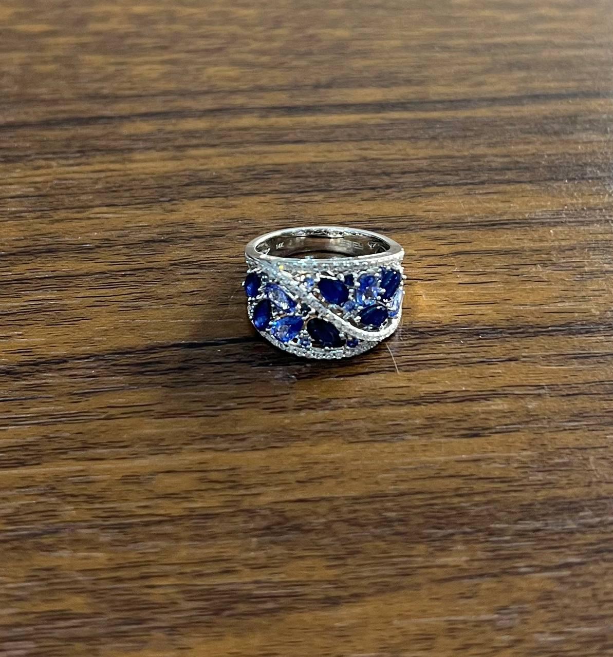 Dark Light Hue Blue Sapphire Cluster Diamond Pave 14K White Gold Band Ring