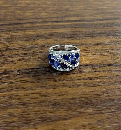 Dark Light Hue Blue Sapphire Cluster Diamond Pave 14K White Gold Band Ring