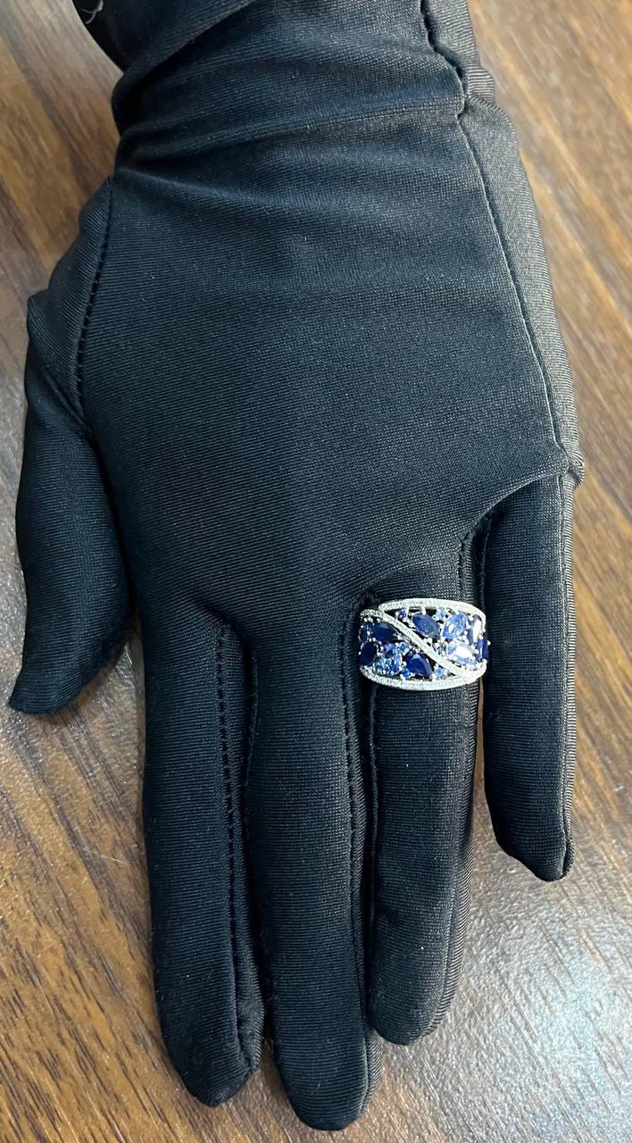 Dark Light Hue Blue Sapphire Cluster Diamond Pave 14K White Gold Band Ring