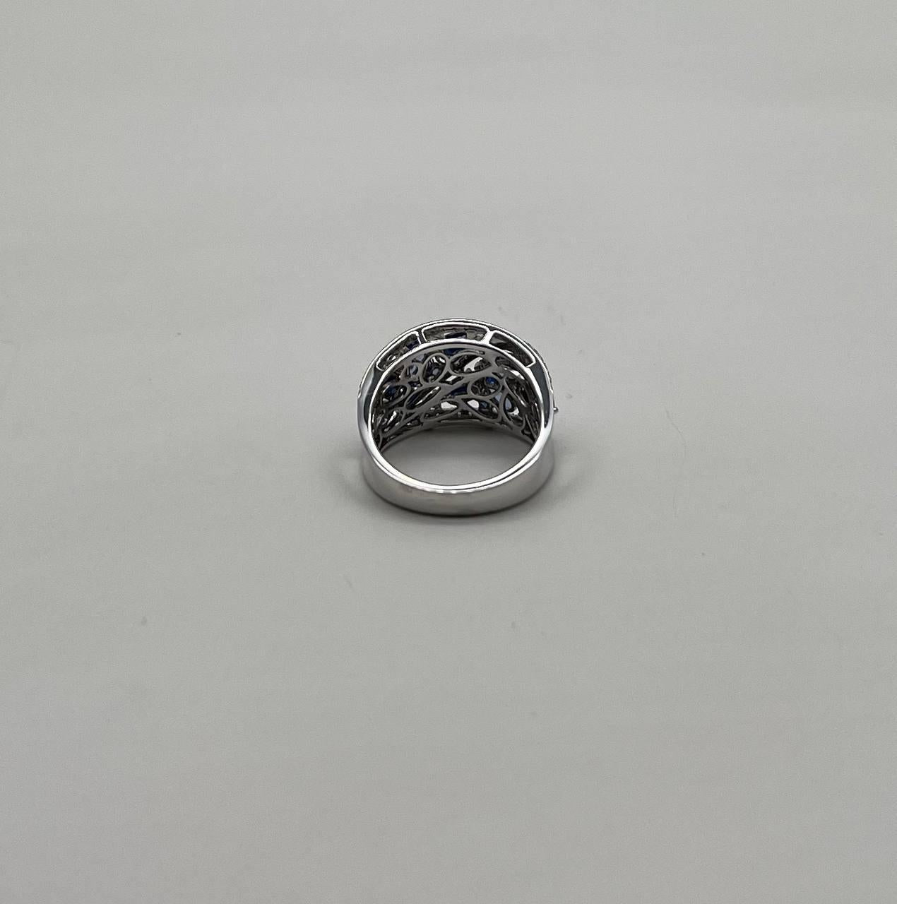 Dark Light Hue Blue Sapphire Cluster Diamond Pave 14K White Gold Band Ring