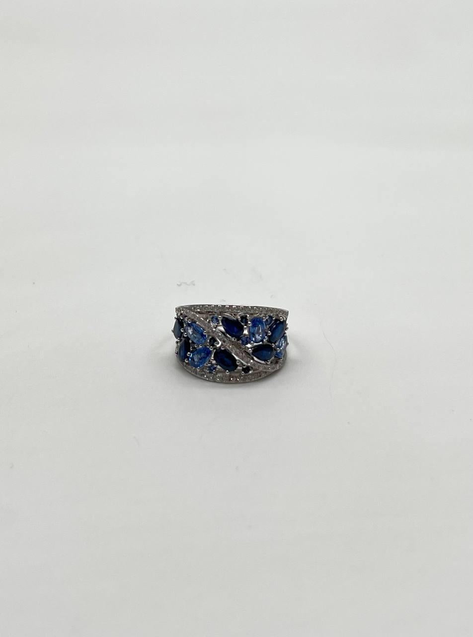 Dark Light Hue Blue Sapphire Cluster Diamond Pave 14K White Gold Band Ring