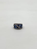 Dark Light Hue Blue Sapphire Cluster Diamond Pave 14K White Gold Band Ring