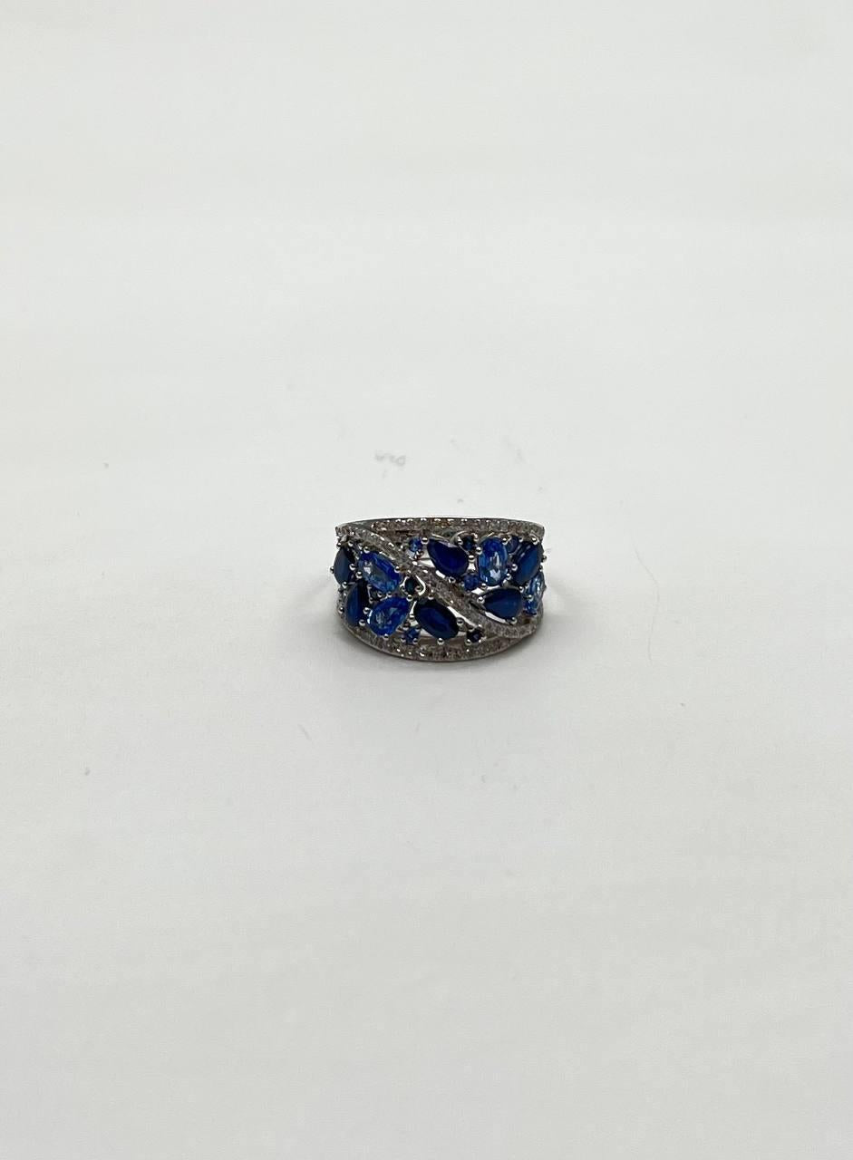 Dark Light Hue Blue Sapphire Cluster Diamond Pave 14K White Gold Band Ring